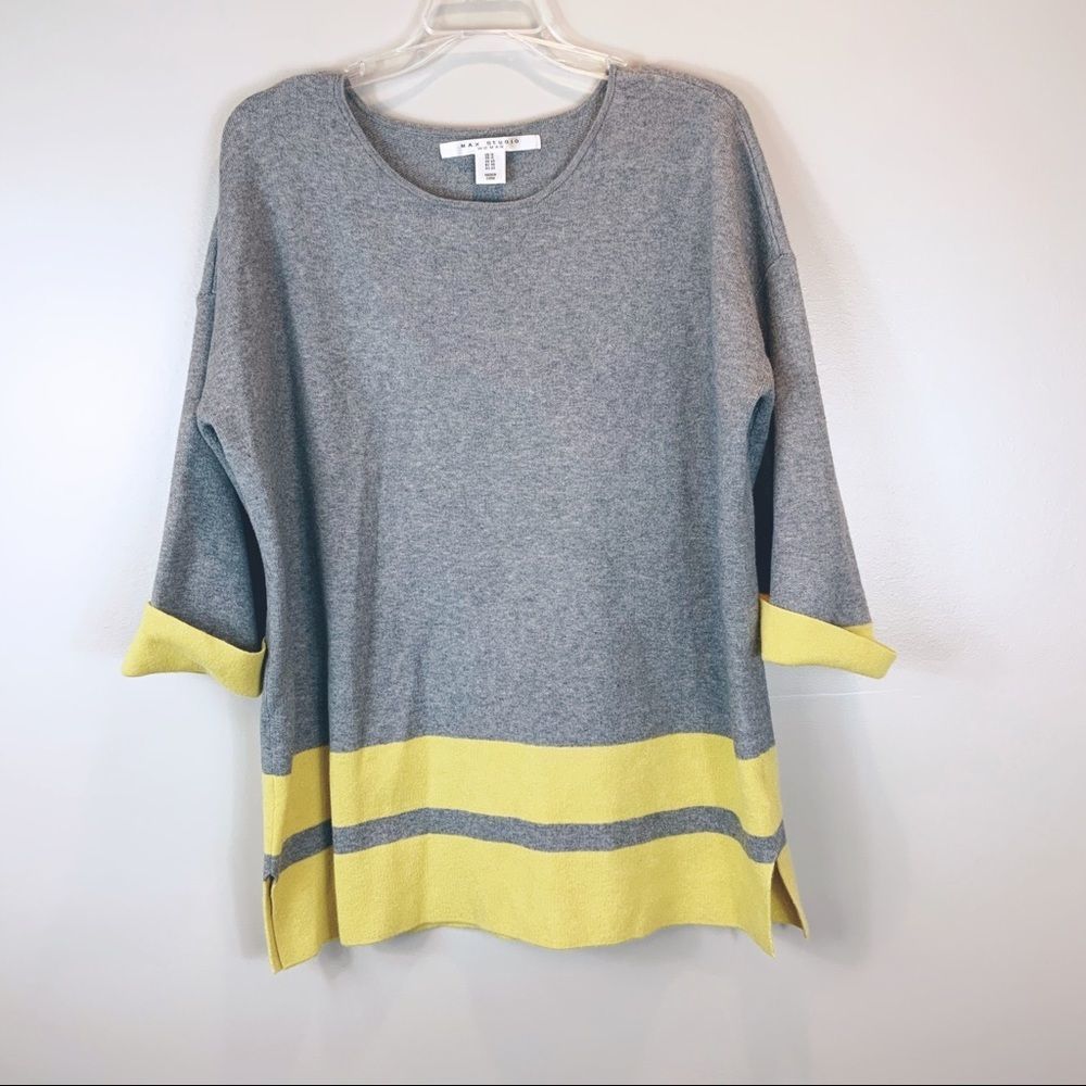 Max Studio Gray and Yellow Crew Neck Sweater